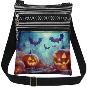 Halloween Night Adjustable Strap Crossbody Bag Glowing Jack-O-Lantern with Moonlit Forest and Bats Print for Adult Messenger Bag Halloween Party or Birthday Celebration Gift for Friend