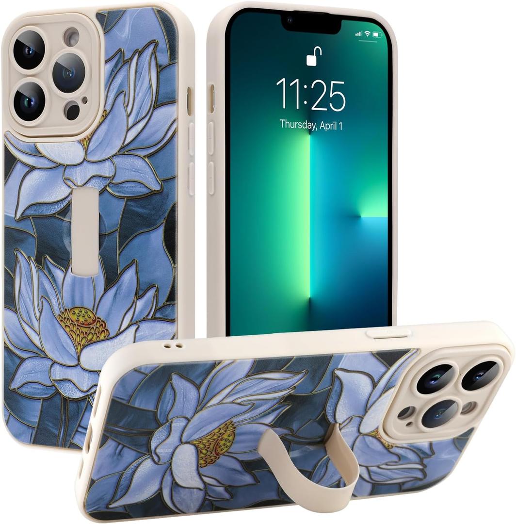 Compatible with iPhone 13 Pro Max Case with Finger Strap, Lotus Floral Shockproof Soft TPU Protective Cover for Women Girls, Slim Anti Scratch Case for iPhone 13 Pro Max 6.7 Inch, White