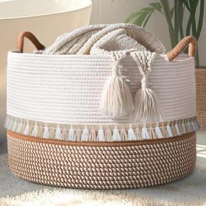 Quincunx Large Cotton Rope Basket (20"x13") - Premium Storage Solution for Blankets, Laundry, and Toys (White/Brown)