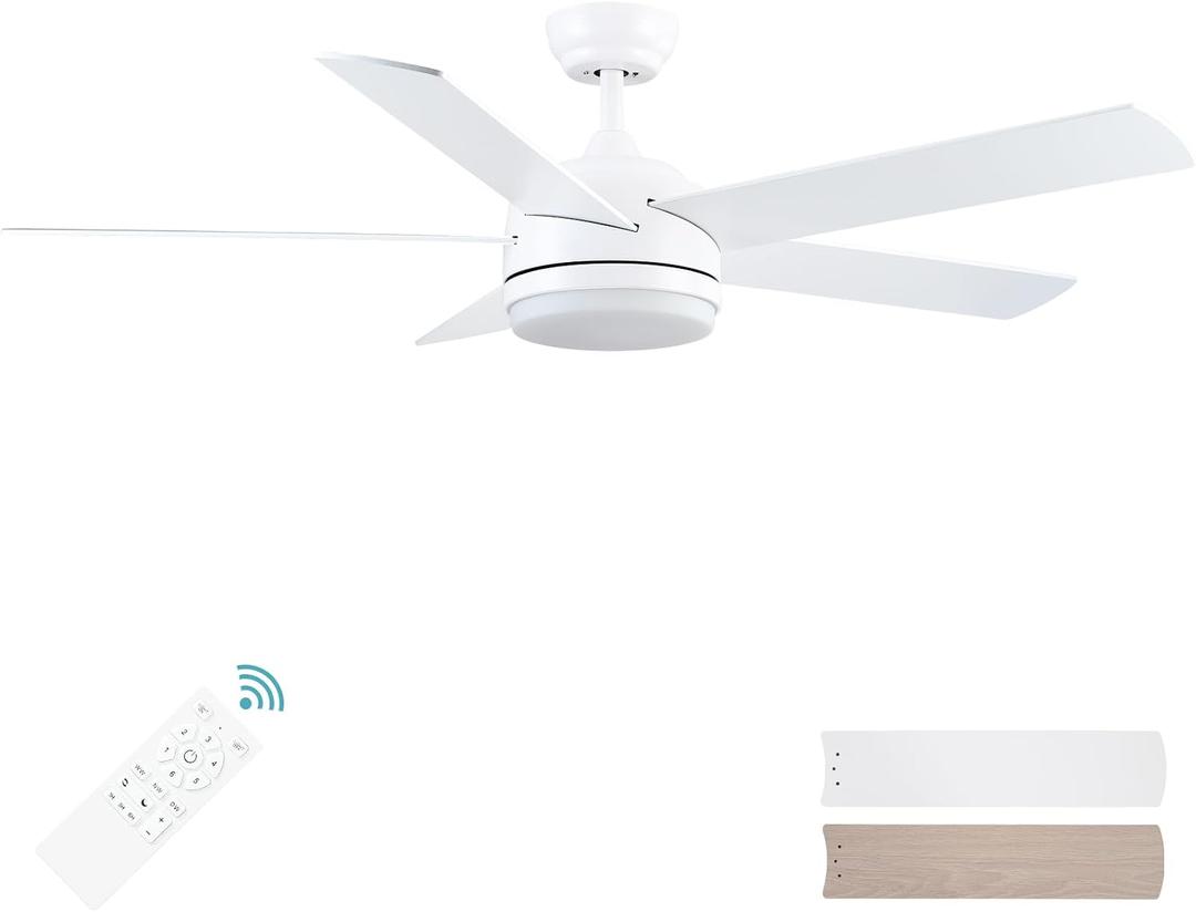 YUHAO 52 Inch White Ceiling Fan with Light and Remote Control.Noiseless,Dimmable,3CCT,6 Speeds Reversible, DC Ceiling Fans for Indoor or Covered Outdoor Use.ETL Listed