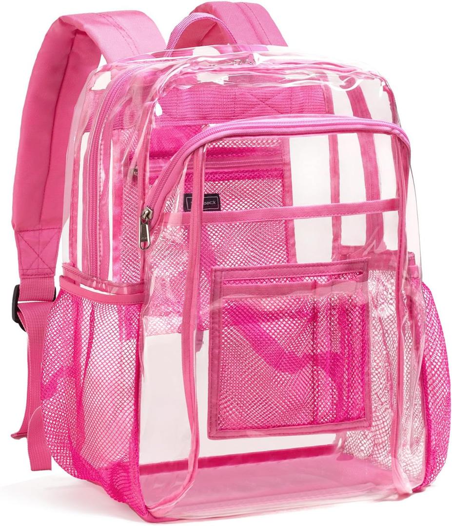 Vorspack Clear Backpack Heavy Duty - Clear Book Bag with Multi-pockets Large See Through Backpack for College Workplace - Pink