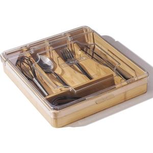 Kitchen Drawer Organizer, 13 Inch Silverware Utensil Tray Holder,with Removable Lid, 5 Slots Total Bamboo Wood Caddy for Flatware Cutlery Knives, Forks, Spoons.