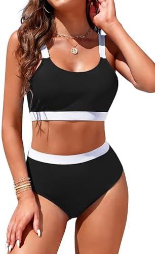 Womens High Waisted Bikini Sets Sporty Crop Top Color Block Swimwear Bandeau Scoop Neck Vintage Two Piece Bathing Suits M
