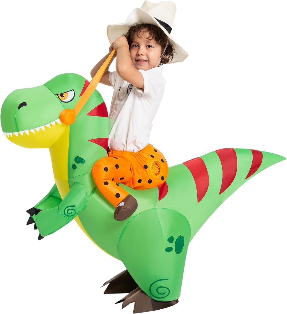 Spooktacular Creations Inflatable Costume for Kids, Riding a Green Dinosaur Costume, Blow-up Dinosaur Halloween Ride On with Hat - Child (4-6 Yrs)