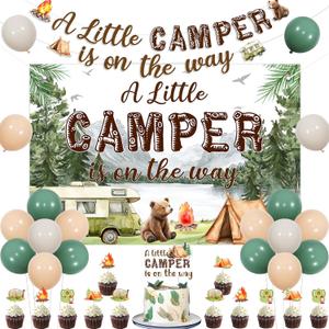 Jollyboom Camping Baby Shower Decorations, a Little Camper Is On The Way Backdrop Banner Cake Cupcake Toppers Balloons for Smore Welcome Baby Gender Reveal Pregnancy Gift