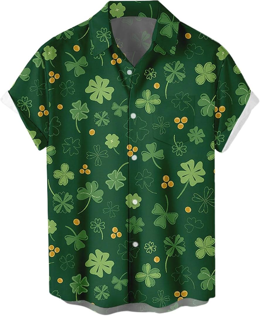 Mens 2026 ST Patricks Day Shirts Clover ST Pattys Day Funny Hat Dwarf Green Printed Short Sleeve Button Down Shirt (Green, L)