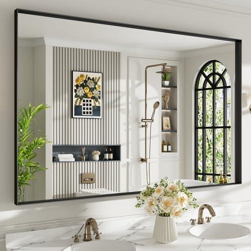 YEELAIT 60x40 Inch Black Bathroom Mirror, Metal Framed Vanity Mirror, Bathroom Wall Mirrors for Over Sink, Rectangle Mirror HD Tempered Glass, Horizontally or Vertically