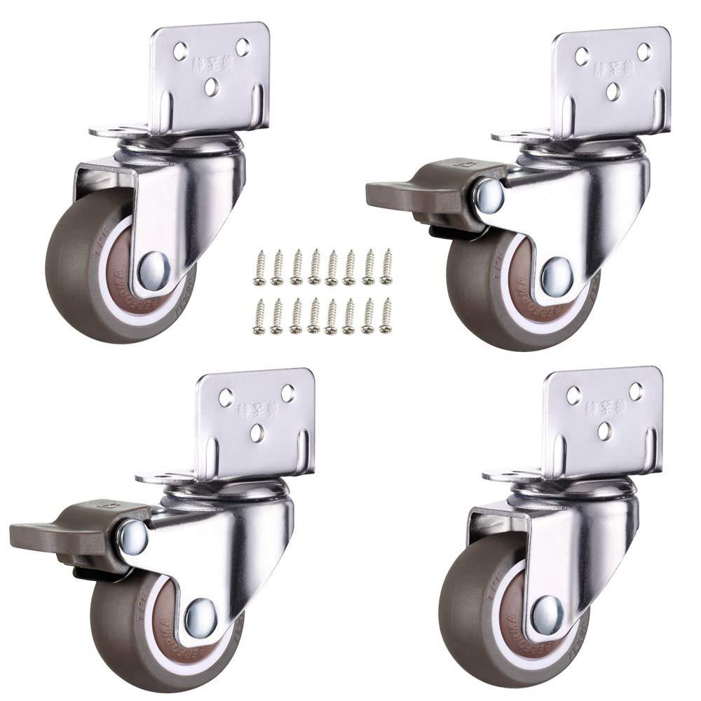 4 Pack 1 Inch Small L-Shaped Plate Swivel Caster Combo, TPR Rubber Wheel Metal Housing Caster L-Shape Side Mount Plate for Furniture, 80Lbs/36Kg Load Capacity - 2 Swivel 2 Swivel w/Brake