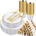 Realluck 350 PCS White and Gold Plastic Plates, Plastic Dinnerware Set for 50 Guests, 100 Disposable Plates, 150 Silverwares, 50 Cups, 50 Napkins for Party, Wedding, Graduation