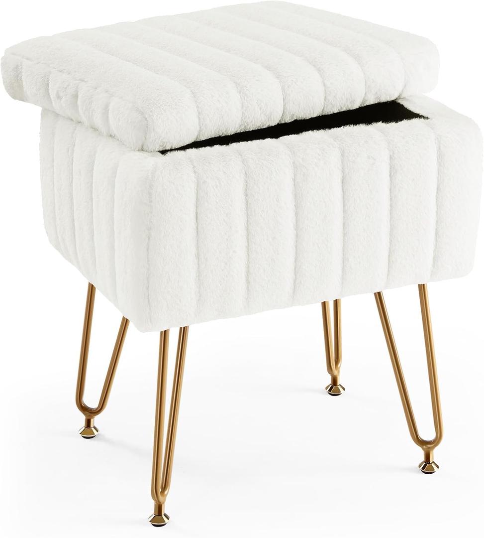 Sweetcrispy Vanity Stool Chair with Storage, Ottoman Faux Fur Soft Padded Makeup Footstools Seat with 4 Metal Legs Anti-Slip Adjustable Feet Modern Cute Small Footrest for Home Entryway Bedroom White, 12.2"D x 16"W x 18.9"H