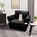Single Sofa Cover Leather Look Chair Covers for Living Room 1-Piece Sofa Chair Covers with Arms Stretch Furniture Protector with Elastic Bottom & Pockets(Armchair, Black)