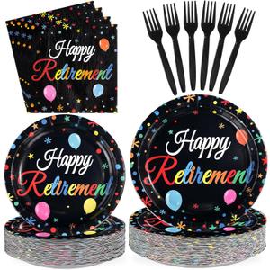 200Pcs Happy Retirement Party Decorations Colorful Retirement Plates and Napkins Tableware Set Black Retired Theme Decorations for Men Women Going Away Office Retired Farewell Party Supplies Serves 50