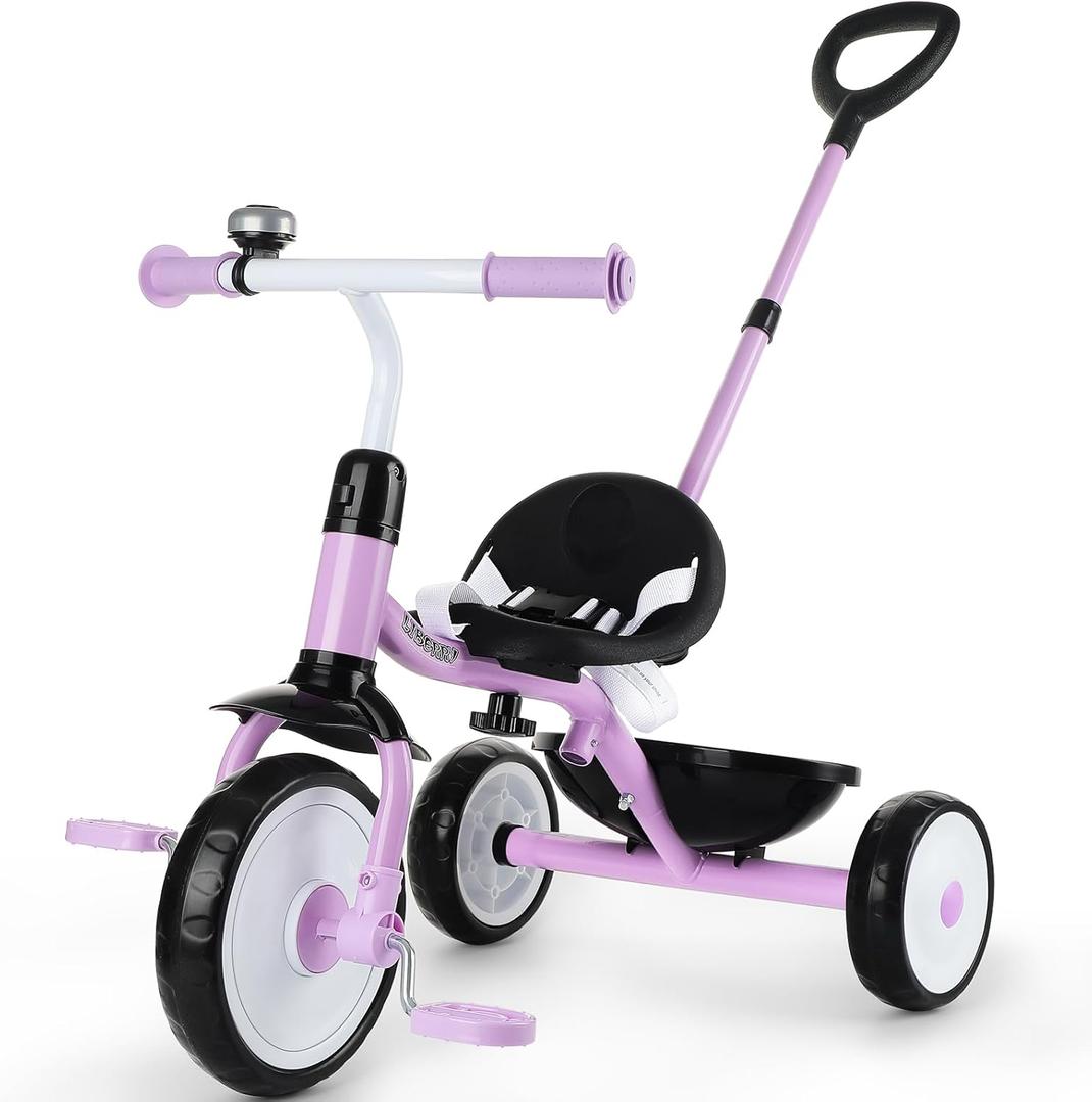 Liberry 2 in 1 Toddler Tricycle Age 2 3 4 Years Old, Kids Trike with Adjustable Push Handle, Bell & Basket, 3 Wheel Bike Riding Toy Birthday Christmas Gift for Girls Boys, Purple