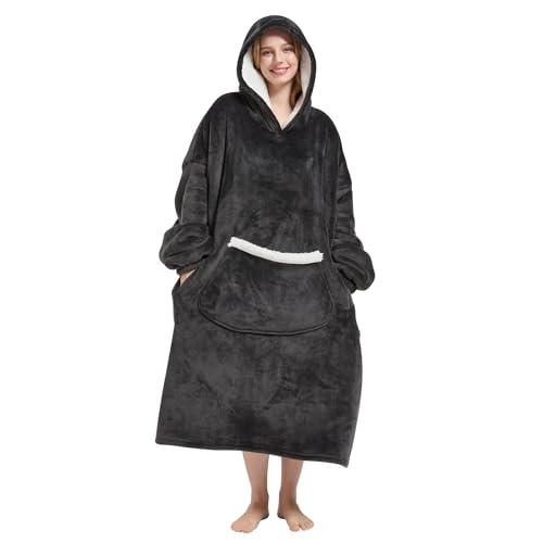 Fiosnow Wearable Blanket Gift for Women & Men Sherpa Flannel Blanket Hoodie Long Warm and Cozy Blanket with Giant Pocket,Dark Gray