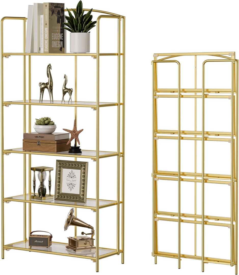 Crofy Folding Bookshelf for Living Room, 5 Tier Gold Collapsible Book Shelf for Home Office, Portable Bookcase Storage Organizer, 5 Tier Wider