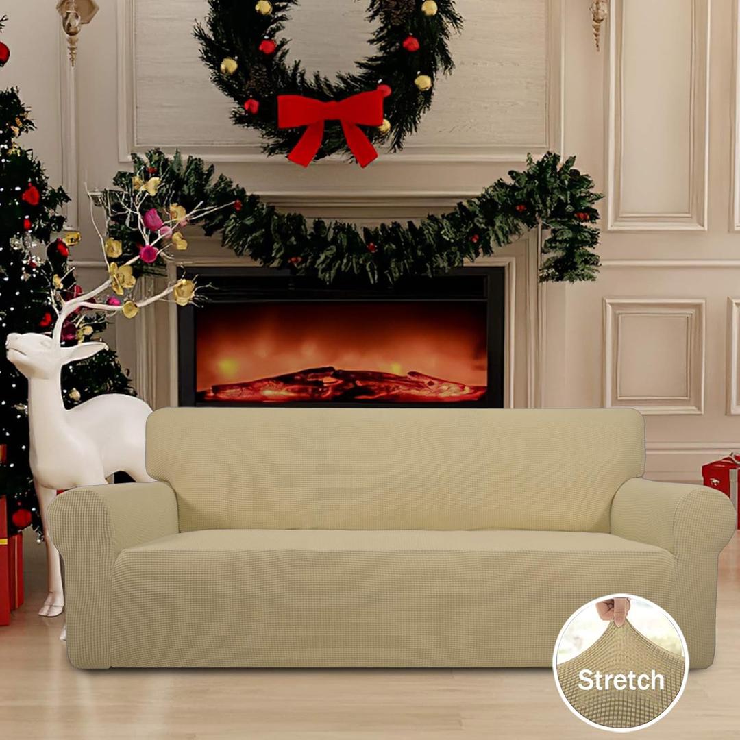 Easy-Going Stretch Sofa Slipcover 1-Piece Sofa Cover Furniture Protector Couch Soft with Elastic Bottom for Kids, Polyester Spandex Jacquard Fabric Small Checks (Sofa, Beige)