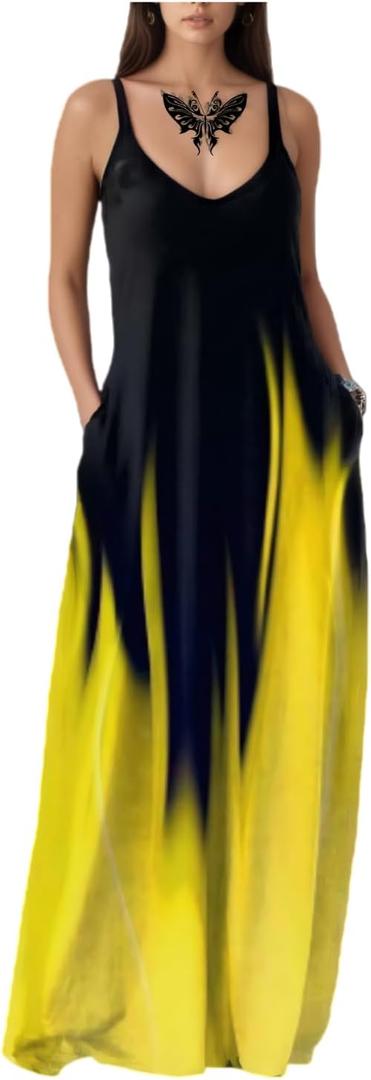Women's Summer Maxi Dress Long Dress Casual Boho Sleeveless Strap Smocked Tiered Long Beach Sun Dresses (Yellow, XXL)
