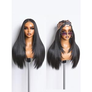 GORGIUS Black Straight Lace Front Wigs Pre Cut Glueless Layered Wig Middle Part Synthetic Frontal Wig with Natural Hairline 24 Inch