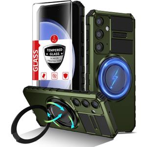 for Samsung Galaxy S23 FE Case Compatible Wireless Charging Magnetic,with 2 Screen Protector,for S23 FE Phone Case Built-in 360°Stand Ring Military Grade Shockproof Heavy Duty Protection Green