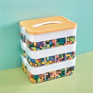 Toy Storage Organizer for Lego, 3 Tier Stackable Storage Bin Transparent Building Bricks Puzzle Craft Plastic Container Organizing Sorter for Kids, Yellow (Large)