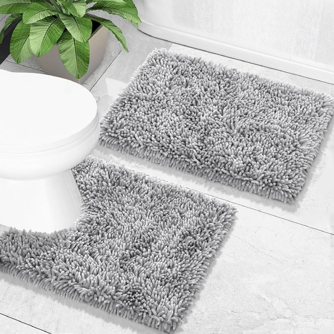 Yimobra Bathroom Rugs Sets 2 Piece, Soft Absorbent Bath Mat and U-Shaped Toilet Rug with Non Slip Backing, Luxury Shaggy Bath Mats for Bathroom, Machine Washable, 24"x17"+24"x20", Light Grey