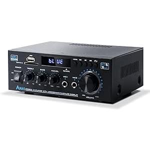 Stereo Receiver & Amplifier Home Audio Amp, AK45 Bluetooth Receiver for Home Stereo, 300Wx2, Bluetooth 5.0, 2 Channel, w/FM & Karaoke, w/USB/SD/RCA/MIC/FM in, w/Remote, for Garage Party Market