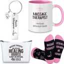 4 Pcs Christmas Massage Therapist Gifts Set Muscle Whisperer Keychain Makeup Bag Socks Funny 11oz Double Sided Ceramic Mug Lmt Gifts for Women Massage Therapy Therapist Chiropractor Xmas Party
