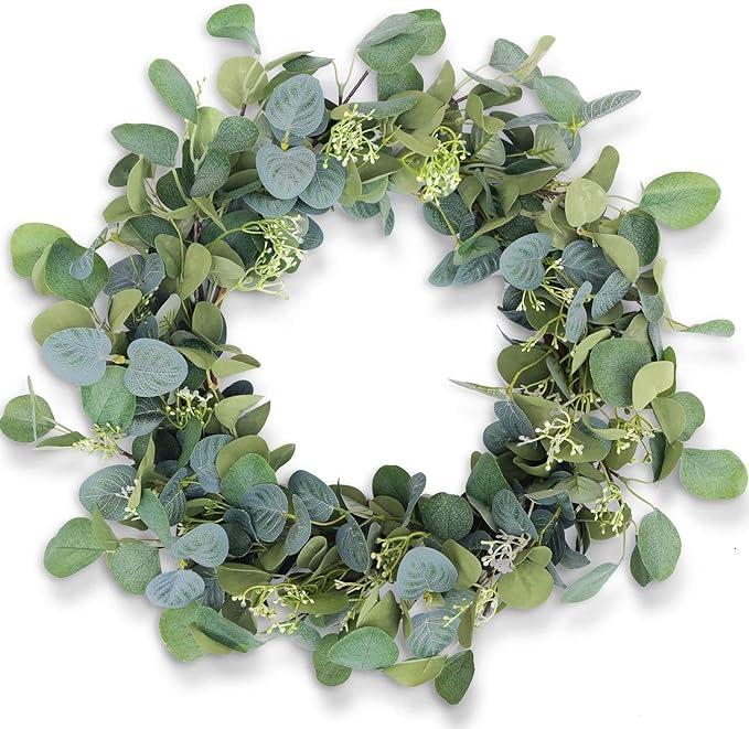 Eucalyptus Wreaths for Front Door 24", Handmade Green Leaves Wreath for Summer, Spring and All Seasons, Greenery Floral Wreath for Wall and Outside