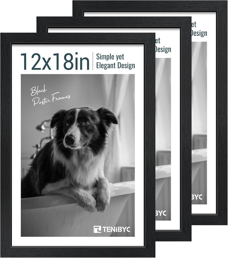 12x18 Frame Set - 3 Pack, Textured Black Wooden Poster Frame with HD Tempered Glass, Room, Office, Gallery, Studio, and Hallway Decor - Wall Hanging