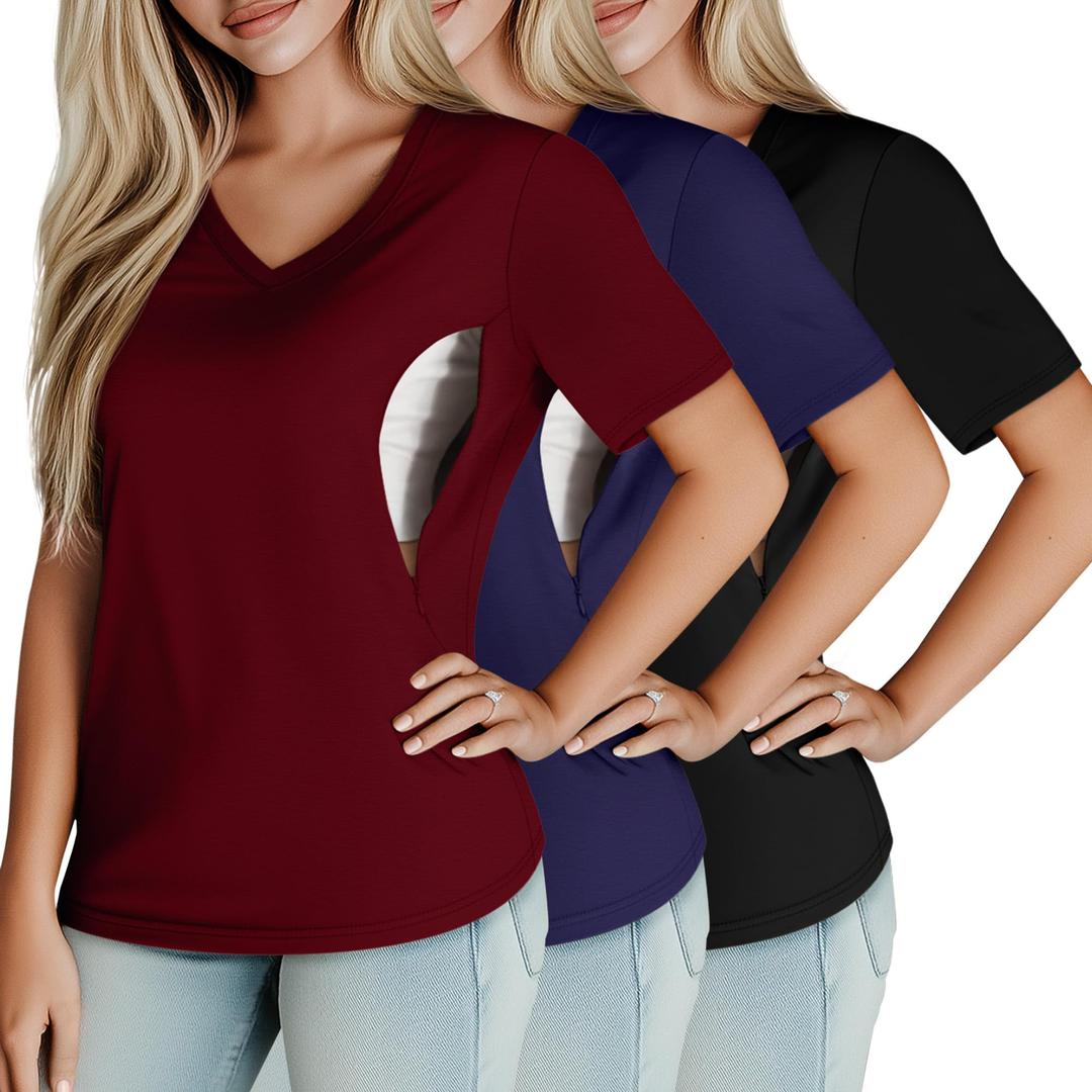 Huukeay 3 Pack Women's Maternity Nursing Tops, Hidden Zippers Breastfeeding Clothes V Neck Short Sleeve Pregnancy Shirts Tees(Black,Navy Blue,Burgundy,Medium) (M)