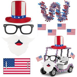 11 Pcs 4th of July Golf Cart Decorations Kit, Patriotic Parade Set with Hat Glasses Beard, Seat Covers, Flags & Bunting, Red White Blue for 250th Anniversary Memorial Day Party Favors, X-Large