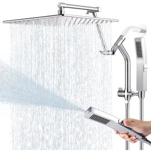 All Metal 12 Inch Rain Shower Head with Handheld Built-in Power Wash Mode, High Pressure Waterfall Rainfall Square Shower Heads with 16" Adjustable Extension Arm, Dual Showerhead(Chrome)
