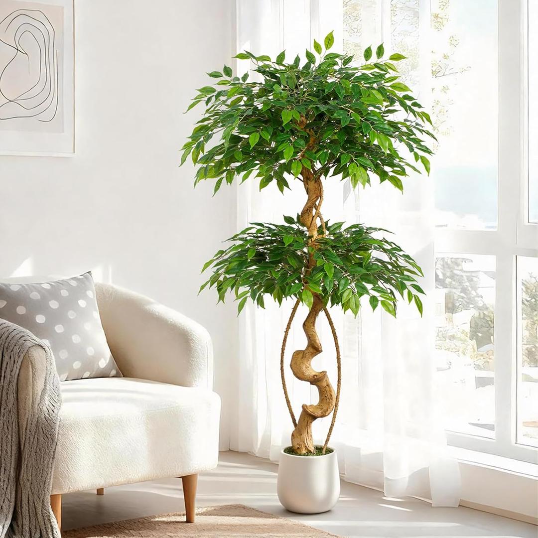 5ft Large Ficus Artificial Trees in White Pot, 60" Tall Fake Silk Tree with Natural Curved Trunk, Lush Faux Ficus Tree for Indoor Home Decor, Living Room, Office & Patio