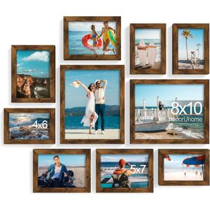 DecorUhome Picture Frames Collage Wall Decor for Photo Gallery Display, Assorted Picture Frames Set of 10 Including Two 8x10 / Four 5x7 / Four 4x6 for Family Wall Decor, Distressed Brown, 10 Pack