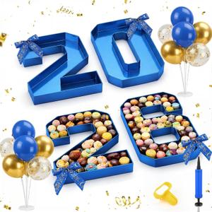 2026 Grad Cardboard Letters with 14 Balloons Bows Decorations 10'' Graduation Charcuterie Numbers Fillable Trays and 2 Balloon Stands for Graduation Party Supplies(Blue,2026)