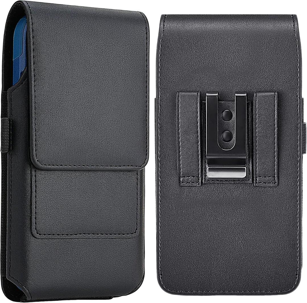 Mopaclle Large Cell Phone Holster with Belt Clip and Loop, Rugged Phone Belt Holder Compatible with iPhone 16, 15, 14 Pro Max, 13 Plus, Galaxy S25 Plus, S24 Plus, S23 Plus  Fits with Case On, for Men (01 Leather- Black)