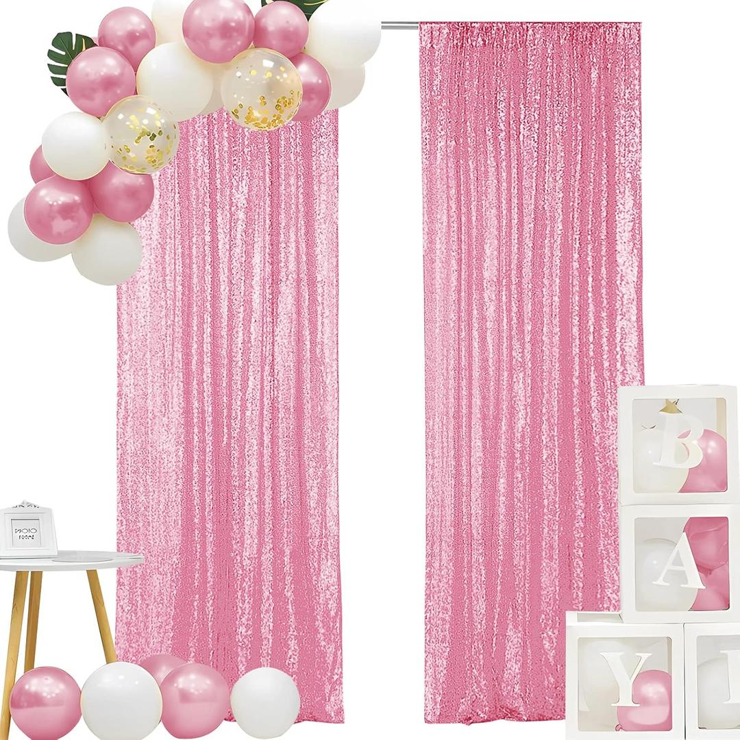 Hahuho Pink Sequin Backdrop Curtain, 2PCS 2FTx8FT Glitter Backdrop Curtain for Parties, Christmas, Wedding, Banquet Decoration2 Panels, 2FT x 8FT, Pink