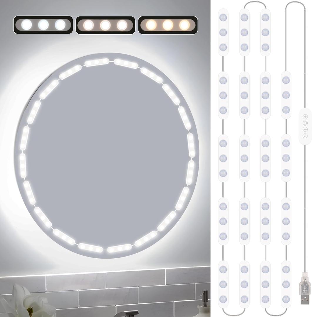LED Vanity Lights for Mirror, 16ft Makeup Strip Light, 3000K 4000K 6000K & 10 Level Brightness Adjustable, USB Cable, Hollywood Mirror Light Stick-On for Makeup Dressing Room Bathroom Bedroom (20 Lights (White))
