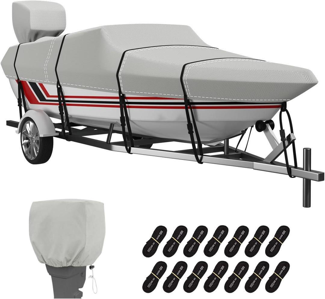 VINPATIO Trailerable Boat Cover, 600D Solution-Dyed Bass Boat Cover, 14-16 ft Heavy Duty 100% Waterproof Boat Covers Fits V-Hull Runabout Fishing Ski Pro-Style Bass Boats, Beam Width up to 68" (Light Gray for V-Hull)