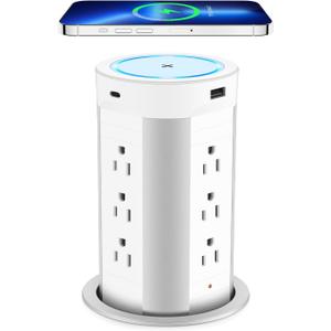ANNQUAN 4" Pop Up Receptacle Countertop Outlet,75W Power Delivery,Total 90W Pop Up Outlet with 15W Wireless Charger,12 Outlets,4 USB,1200J (White)