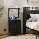 Furnulem Tall Nightstand with Charging Station, Night Stands with LED Lights and Storage Shelves, Bed Side Table for Bedroom, Hallway, Office, 4 Fabric Drawers (Black Oak), 11.8 Inches X 14.96 Inches X 38.18 Inches
