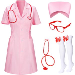 TOKYO REVENGERS Women 5Pcs Halloween Nurse Costume Set Doctor Outfit Lab Coat Nurse Hat Cosplay Party Costume Accessories (Large, Pink)