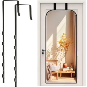 Over-The-Door Mirror Hanger, Adjustable Door Mirrors Hanger Set with Protective Lining, 2 Pcs Door Brackets Perfect Height and Fit (Mirror Not Included)-Black