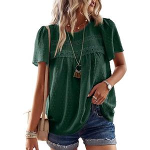 Falechay Blouses for Women Fashion 2025 Hook Flower Lace Crew Neck Boho Tunic Tops Short Sleeve Fall Shirts Dark Green XXL