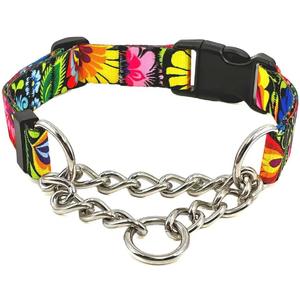 Martingale Dog Collar with Chain Stainless Steel, Nylon Dog Collar Flowers Pattern, Adjustable Training Walking Collar with Quick Release Buckle, Slip Chain Collar for Puppy Medium Large Dogs, lack