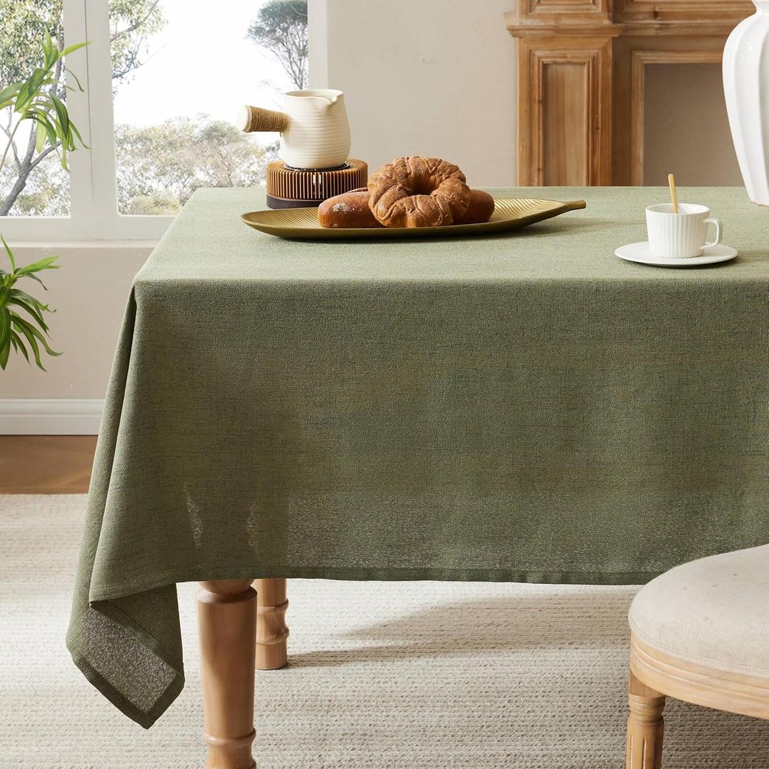 Linen Tablecloth for Rectangle Table, 52x70 Inch Olive, Farmhouse Style Green Tablecloth, Water Resistant Burlap Tablecloths for Dining Table Farmhouse Kitchen