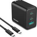 TECKNET 65W GaN Wall Charger PD 3.0 USB-C Travel Adapter,3-Port Foldable Fast Charger with 5ft Cable for iPhone 16 Pro Max/16 Plus/16/15/iPad/Galaxy S24/S25/MacBook Pro/Switch and More Series