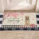 Dlzdn Hello Spring Dog Door Mat Golden Retriever Cherry Blossom Floral Decorative Doormat Holiday Non-Slip Rubber Backed Entryway Rugs for Indoor Outdoor Entrance Floor 17 x 30 Inch