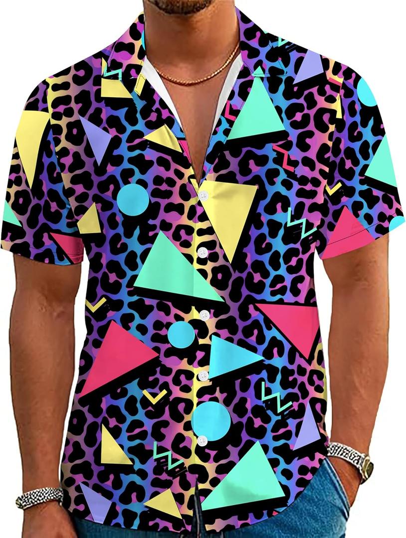 80s 90s Outfit for Men Short Sleeve Button Down Hawaiian Shirt Funny Vintage Retro Beach Shirts (Blue, L)