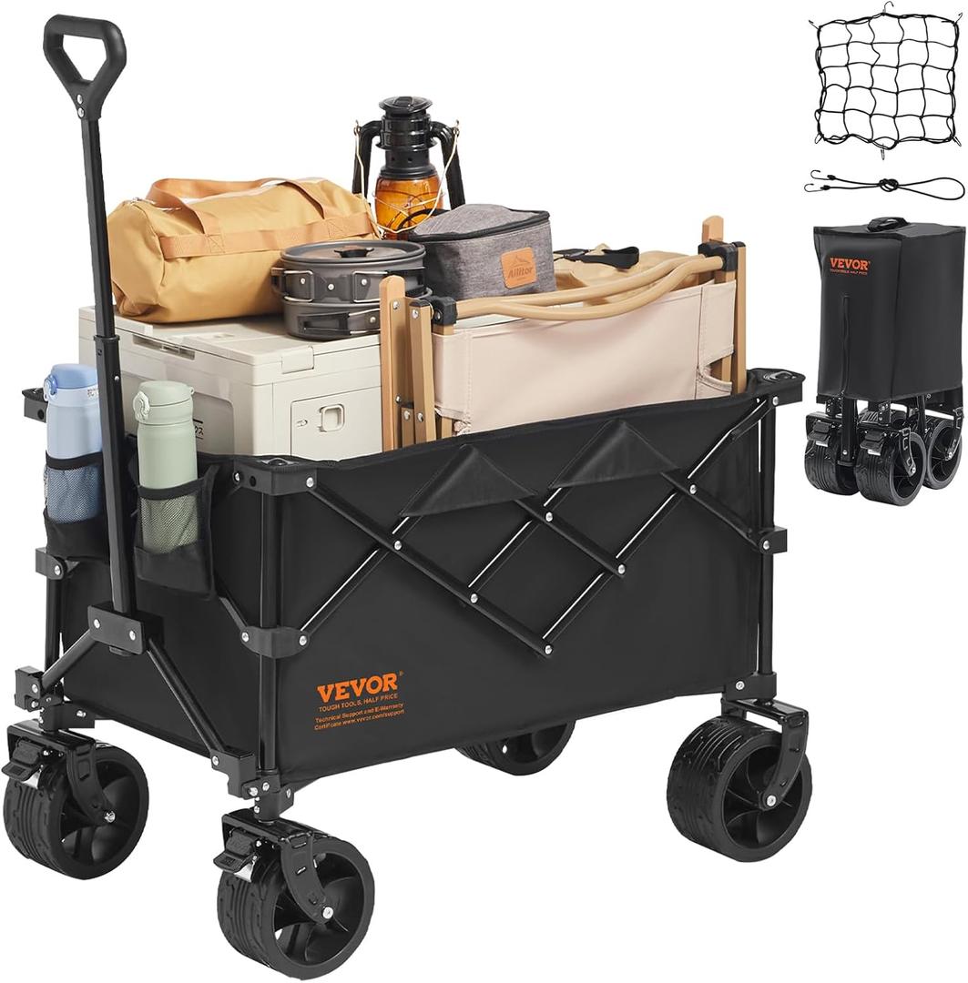VEVOR 330lbs Collapsible Folding Wagon Cart, 220L Heavy Duty Foldable Beach Wagon with Big Wheels for Sand, Portable Outdoor Utility Garden Cart with All Terrain Wheels and Drink Holder